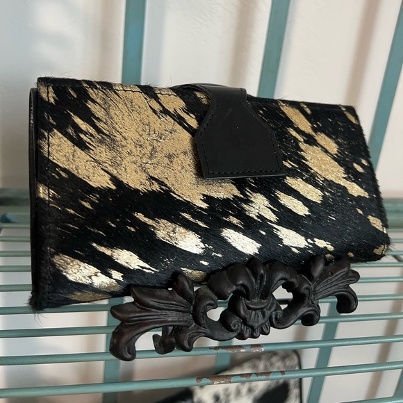 🎁Gold metallic Black Genuine Cowhide Leather Handmade womens Checkbook Wallet - Picture 4 of 10